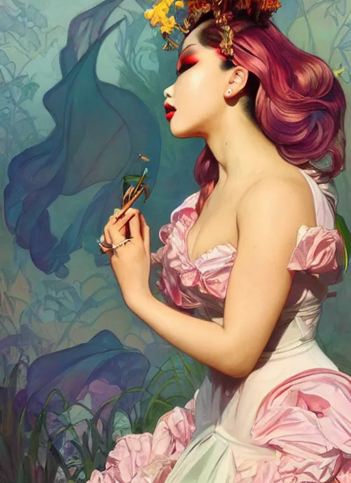 Image similar to kim chi, drag queen, painting by artgerm and greg rutkowski and alphonse mucha