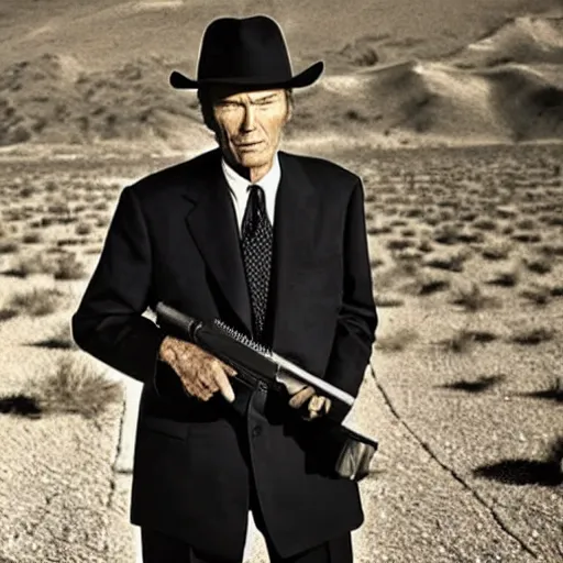 Prompt: clint eastwood in a black suit and black fedora hat. he has a desert eagle gun.