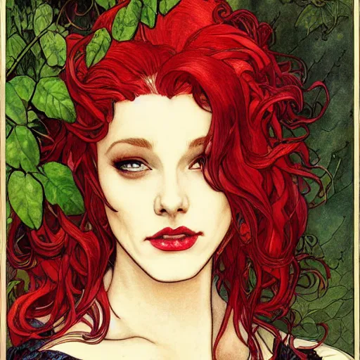 Image similar to a beautiful painting of poison ivy as an up and coming attorney who can't balance her life for love, dark eyeliner, intricate, elegant, highly detailed, digital painting, artstation, concept art, matte, sharp focus, illustration, art by rebecca guay and by arthur rackham and by alphonse mucha and by john william waterhouse