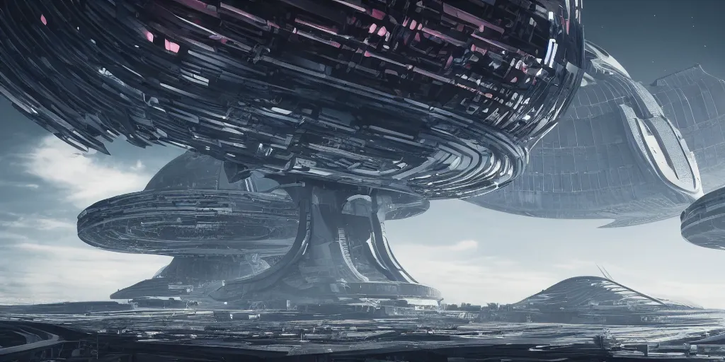 Image similar to brutalism and gigantism futuristic space megastructure concept, great lighting and composition, beautiful, insanely detailed, 8 k, science fiction