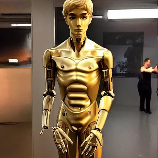 Image similar to “a realistic detailed photo of a guy who is an attractive humanoid who is half robot and half humanoid, who is a male android, twitch streamer Ninja Tyler Blevins, shiny skin, posing like a statue, blank stare”