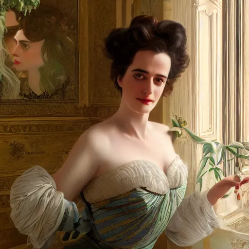 Image similar to a very detailed portrait painting of Eva Green, a very detailed french room, a very detailed dramatic sky, light particles, environment drawn byVesper Lynd, character design by Alphonse Mucha, 4k, volumetric lighting, komorebi, award winning, octane render, hyperrealistic