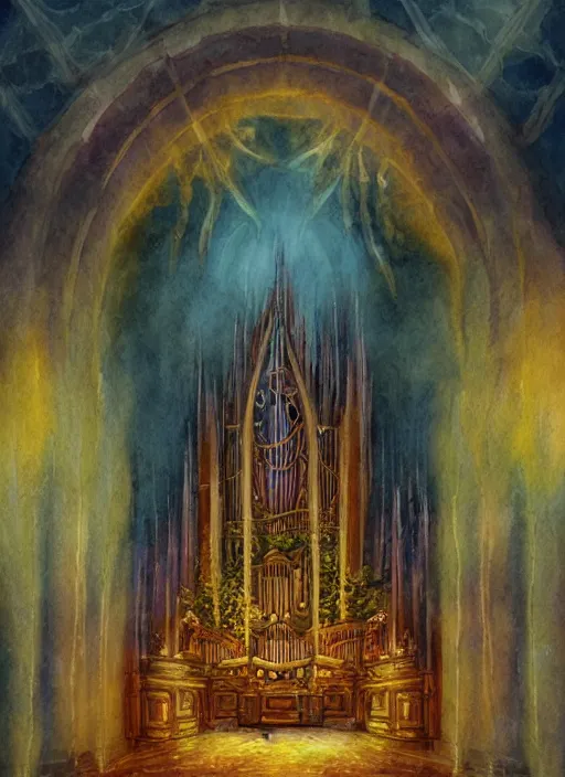 Prompt: pipe organ with fairy lights, light ground fog, detailed fantasy watercolor comic style, subtle colors, by tony sart