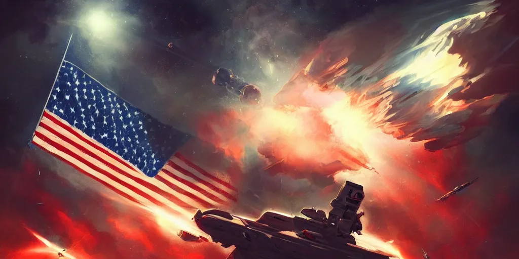 Image similar to space war between china and usa, usa flag, china flag, space, war, great compostion, lighting chiaroscuro, art by sebastien hue, insanely highly detailed artwork, trending on artstation