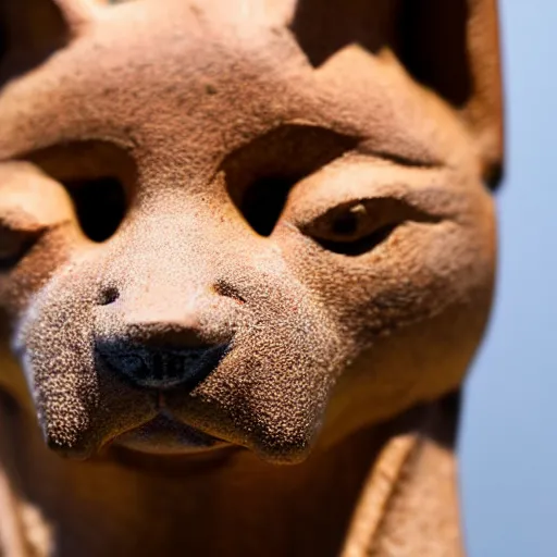 Image similar to an ancient old statuette with the face of a shiba inu, close up photo, ultra realistic, studio photo, bokeh. intricate details.