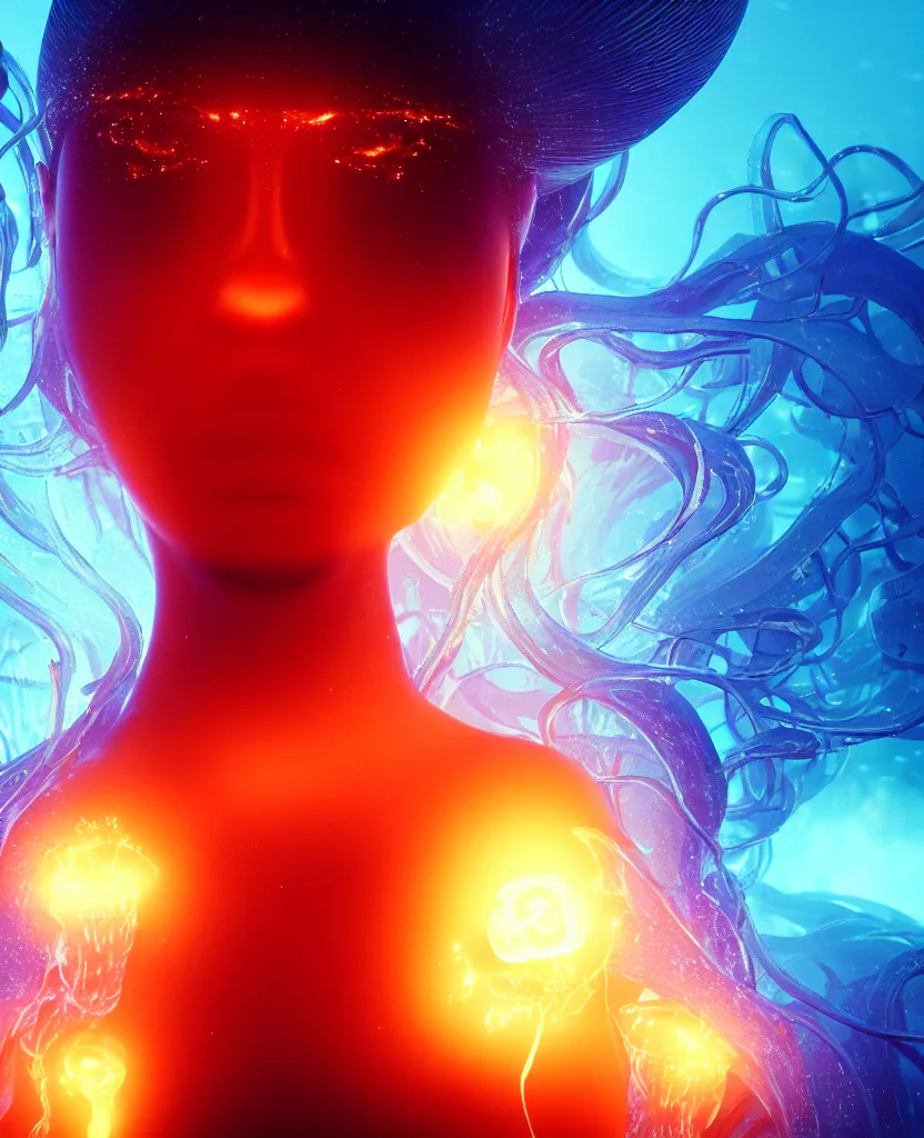 Image similar to close-up portrait of a face of beautiful princess floating in ethereum surrounded by floating jellyfish, energy flows of fire and water, flashes of plasma, 3d with depth of field, blurred background, a highly detailed epic cinematic concept art CG render. made in Maya, Blender and Photoshop, octane render, excellent composition, cinematic dystopian brutalist atmosphere, dynamic dramatic cinematic lighting, aesthetic, very inspirational, arthouse. y Greg Rutkowski, Ilya Kuvshinov, WLOP, Stanley Artgerm Lau, Ruan Jia and Fenghua Zhong