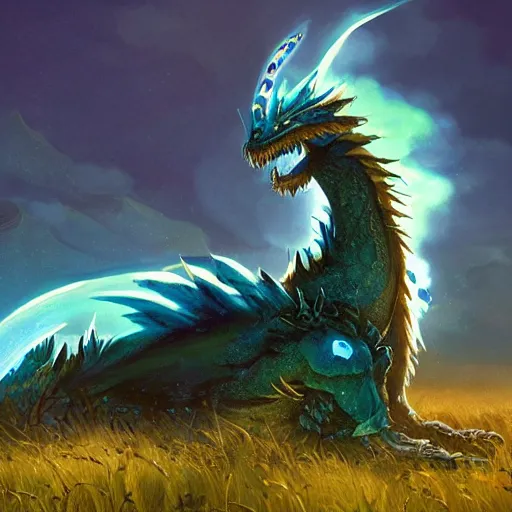 Prompt: beautiful digital fantasy illustration of a closeup giant ferocious feathered blue bioluminescent dragon sitting alone in a meadow, concept art by greg rutowski, anato finnstark, and rebecca guay, highly detailed, soft lighting, rendered in octane