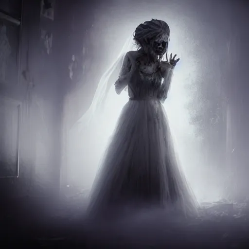 Prompt: a zombie bride with flowing dress and veil at the gate of a decrepit house, night, mist, smoke, scary, spooky, dramatic lighting, moody, style of edgar allen poe, bernie wrightson, octane render