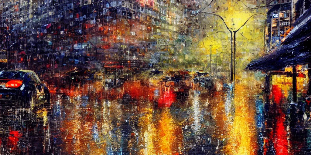 Prompt: raining night, streets, cars, building, cold, lights, rain, by mark lague, 4 k, wallpaper,