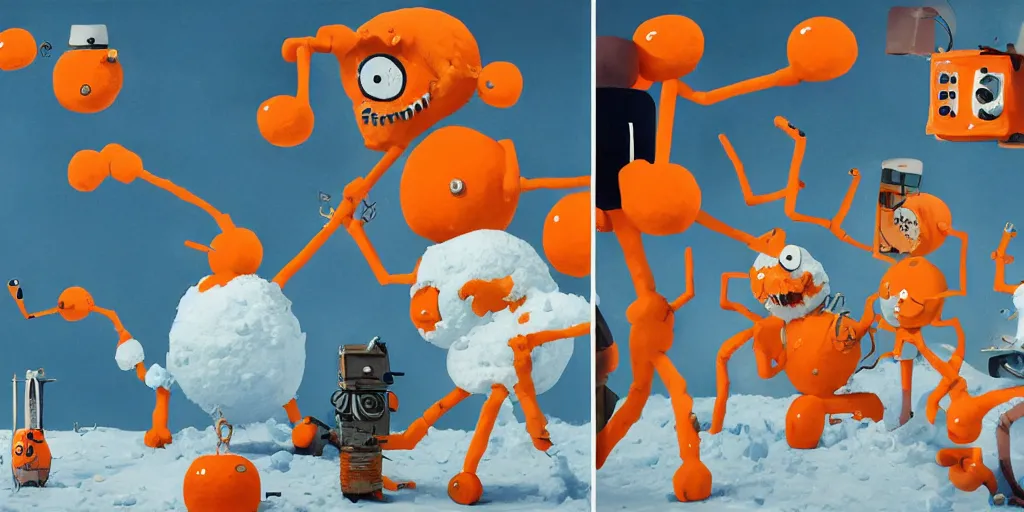 Image similar to cute orange and blue cartoon monsters building snowmen by Goro Fujita and Simon Stalenhag and Salvador Dali and Banksy and Basquiat, 8k, highly detailed, cinematic