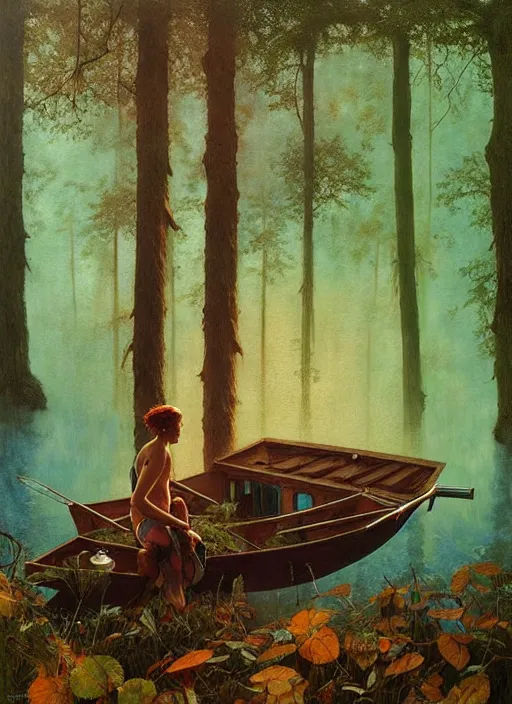 Image similar to boat in the woods by a river gorgeous lighting, lush forest foliage blue sky a hyper realistic painting by chiara bautista and beksinski and norman rockwell and greg rutkowski, tom bagshaw weta studio, and lucasfilm