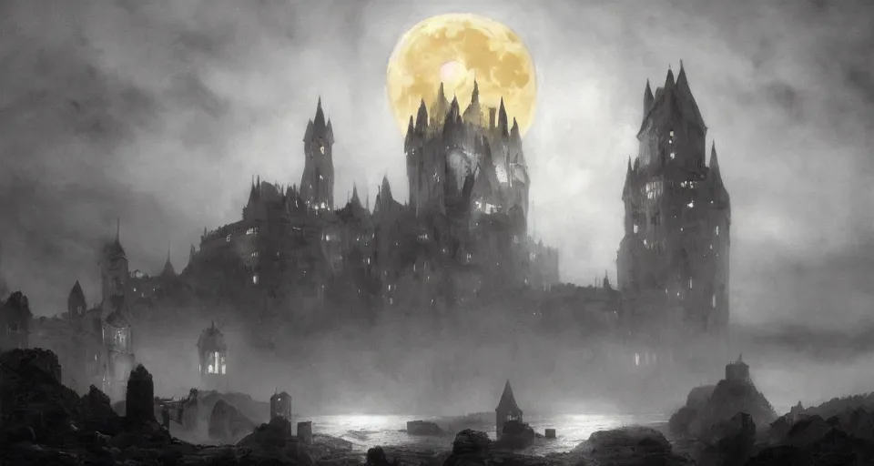 Prompt: an old castle rising up from the mist at night silhouetted by a huge moon, anders zorn, stephen hickman, brutalist, James Paick, Julian Falat, ultra realistic, trending on artstation, lava, dungeons and dragons, spooky, haunted, thomas kincade