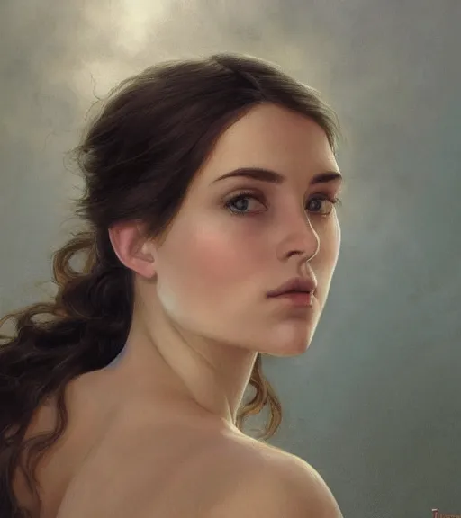 Prompt: portrait of a young woman, regal, soft features, muscular, half body, cloth, hazel eyes, short brown hair, thick eyebrows, back light, d & d, fantasy, intricate, highly detailed, digital painting, artstation, concept art, smooth, sharp focus, illustration, art by artgerm and greg rutkowski and alphonse mucha