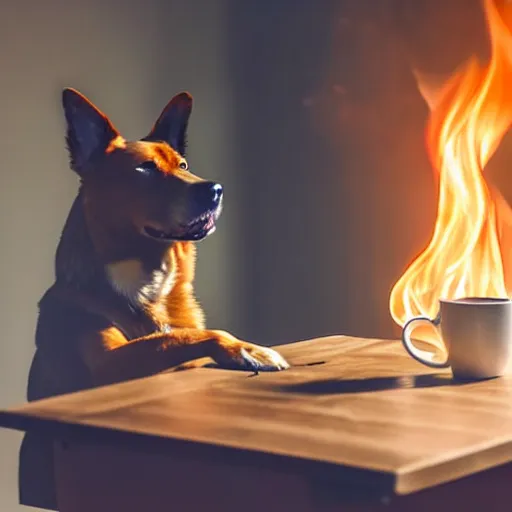 Image similar to a photograph of an humanlike relaxed dog in his house, sitting at a table, ☕ on the table, room is on fire, surrounded by flames, a lot of flames, smoke under the ceiling