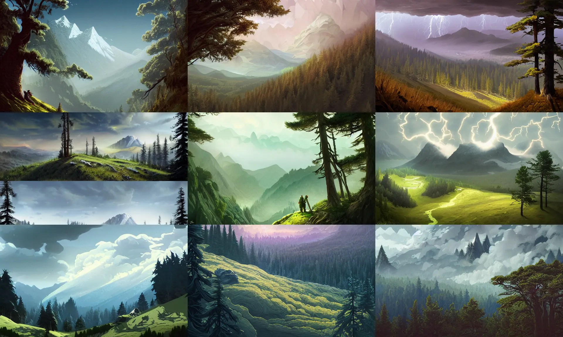 Prompt: mountain and forest landscape without people, high trees, top of the hill extreme view angle, above low layered clouds, thunder sky, deep focus, fantasy, intricate, elegant, highly detailed, digital painting, artstation, concept art, matte, sharp focus, illustration, hearthstone, art by rhads and artgerm and greg rutkowski and alphonse mucha.