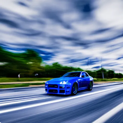 Image similar to bayside blue r 3 4, cinematic, motion blur, photorealistic