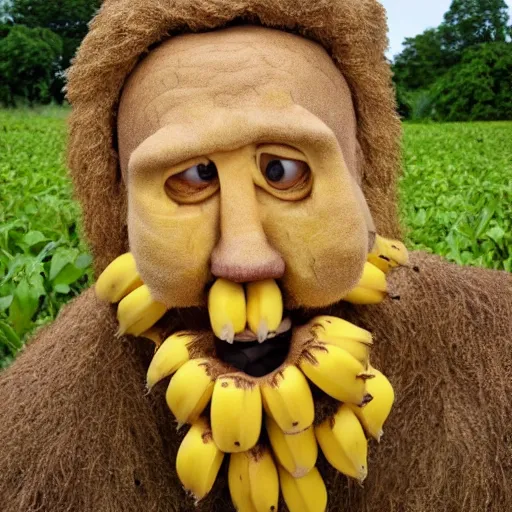Prompt: scared man made out of bananas in a field of monkeys