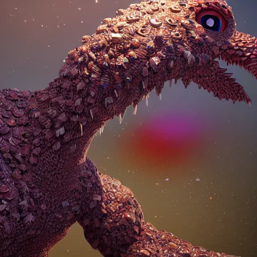 Image similar to a creature covered in scales and feathers spitting acid, art by geof darrow, substance 3 d painter, pbr textures, physical based rendering, cinematic, hyper realism, high detail, octane render, unreal engine, 8 k, smooth gradients, high contrast, depth of field, aperture f 2. 8