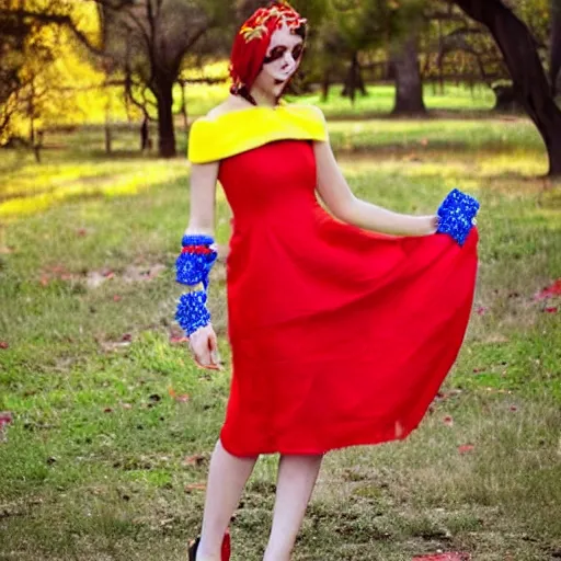 Prompt: A beautiful dress colored red, and blue, and yellow