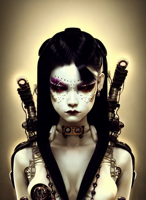 Image similar to soft lustrous ivory ebony geisha yakuza raver gutter punk gothic biotech steampunk cyborg, golden ratio, details, scifi, fantasy, cyberpunk, intricate, decadent, highly detailed, digital painting, octane render, artstation, concept art, smooth, sharp focus, illustration, art by artgerm, loish, wlop
