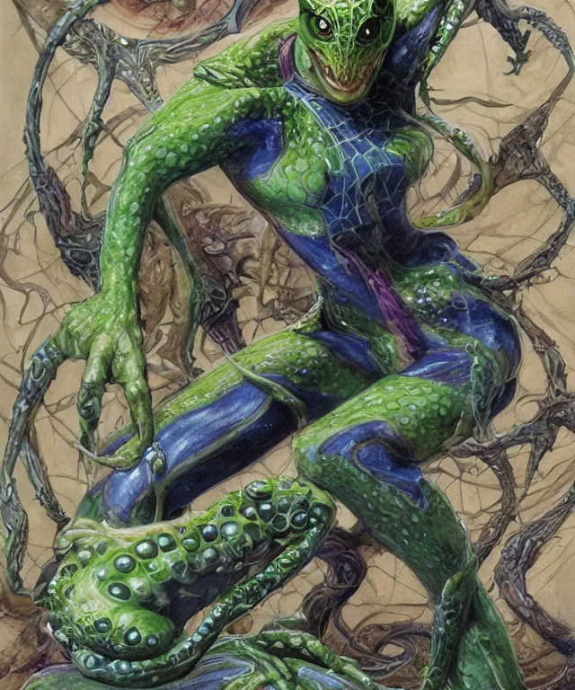 Prompt: a portrait photograph of spider gwen as a mutated reptilian super villian with slimy amphibian blue skin. she is wearing a living organic suit with tendrils and slime and posing. by donato giancola, hans holbein, walton ford, gaston bussiere, peter mohrbacher and brian froud. 8 k, cgsociety, fashion editorial