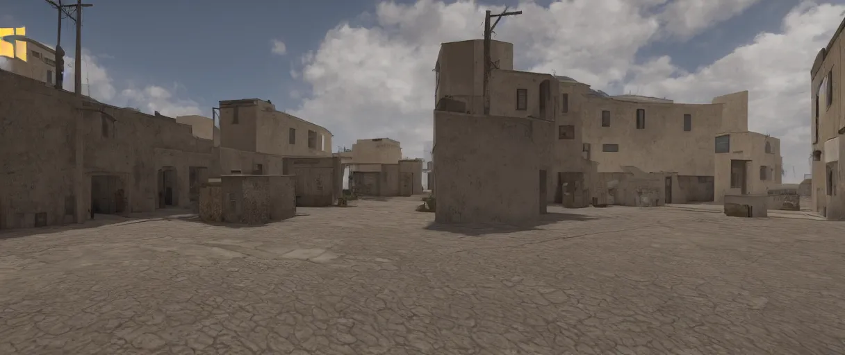 Prompt: a wide shot of dust 2 from Counter Strike: Global Offensive, beautiful, stunning, serene, volumetric light, volumetric clouds, photography, color, intricate, extremely detailed, photorealistic, unreal engine 5