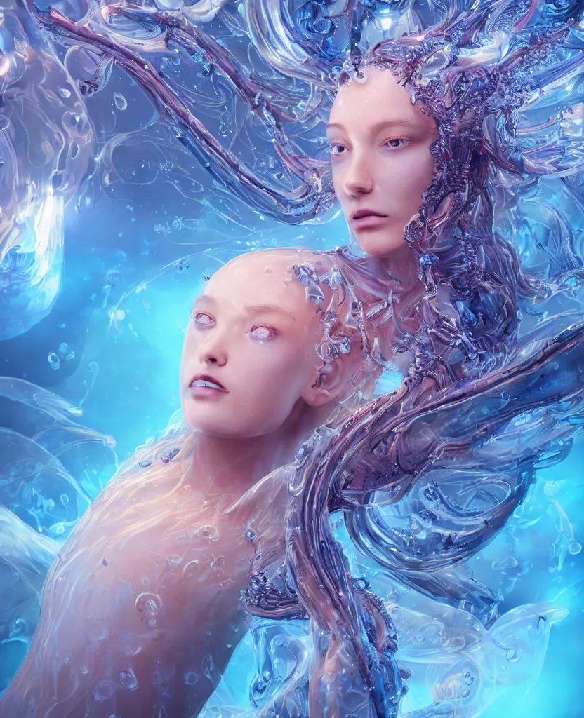 Image similar to close-up macro portrait of the face of a beautiful princess, epic angle and pose, symmetrical artwork, 3d with depth of field, blurred background, cybernetic jellyfish female face skull phoenix bird, translucent, nautilus, energy flows of water and fire. a highly detailed epic cinematic concept art CG render. made in Maya, Blender and Photoshop, octane render, excellent composition, cinematic dystopian brutalist atmosphere, dynamic dramatic cinematic lighting, aesthetic, very inspirational, arthouse. y Greg Rutkowski, Ilya Kuvshinov, WLOP, Stanley Artgerm Lau, Ruan Jia and Fenghua Zhong