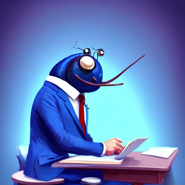 Image similar to epic professional digital art of a snail in a blue professional business suit, sitting at a desk, best on artstation, cgsociety, wlop, Behance, pixiv, astonishing, impressive, outstanding, epic, cinematic, stunning, gorgeous, much detail, much wow, masterpiece