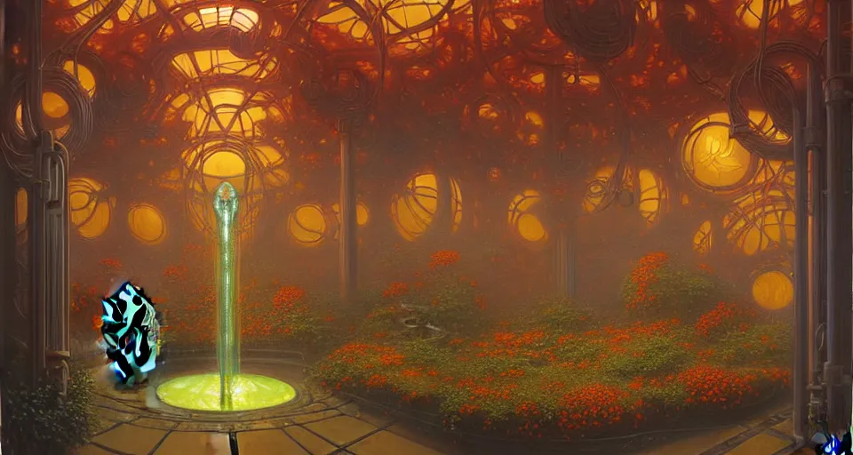 Prompt: a minimalist 3 d fractal oil painting by donato giancola, warm coloured, cinematic scifi bioluminescent luxurious futuristic foggy steam filled victorian garden circular shopping mall interior with microscopy minimalist stained glass flowers growing out of pretty bulbous ceramic fountains, gigantic pillars and flowers, maschinen krieger, beeple, star trek, star wars