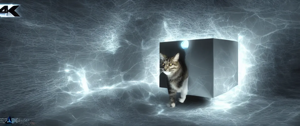 Image similar to futuristic 3 d render of schrodinger's cat in a box, quantum paradox, dead and alive, quantum superposition, waves and particles, wave function, scifi, concept art, artsation 4 k