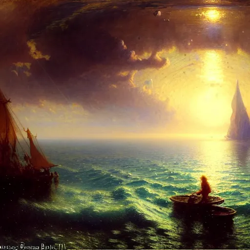 Image similar to point of view of deep in the ocean looking up, you see fishes, higher the milk way, night time, midnight. highly detailed painting by gaston bussiere, greg rutkowski 8 k