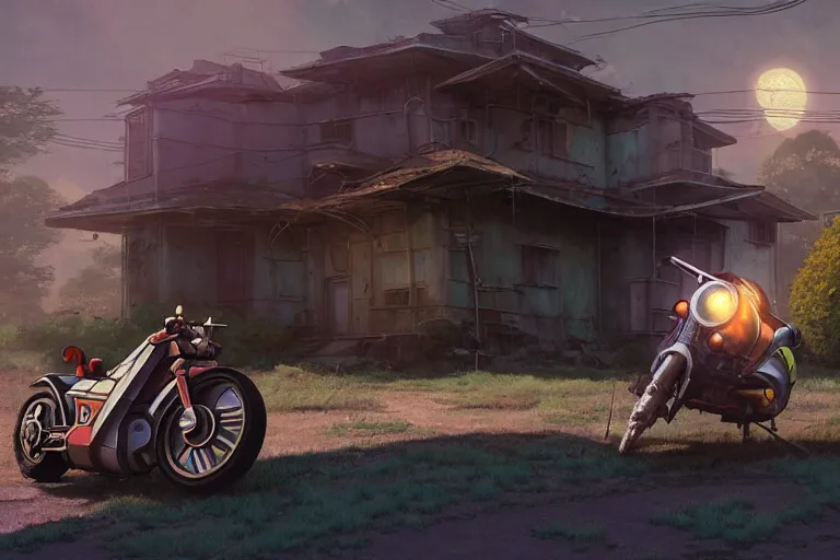 Image similar to retro futuristic science fiction motorcycle parked in front of a dilapidated old house, medium shot, studio Ghibli, Pixar and Disney animation, sharp, very detailed, high resolution, Rendered in Unreal Engine 5, anime key art by Greg Rutkowski, Bloom, dramatic lighting, colorful