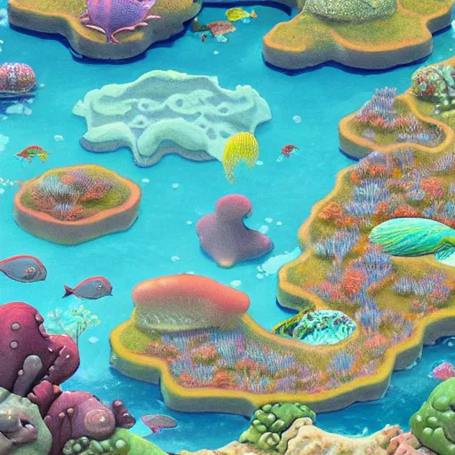Prompt: A watery world with floating islands and strange sea creatures