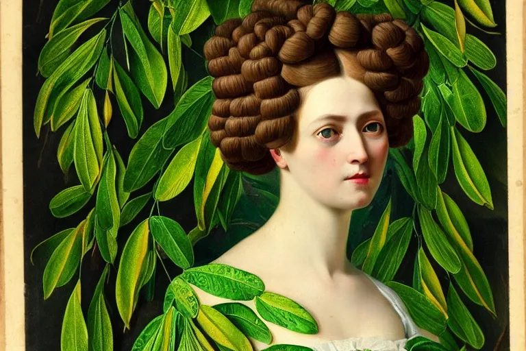 Prompt: franz szony style : a wonderful realistic closed portrait of woman with a majestic intricate and bizarre intertwined ramifications of leaves hairstyle and a semi transparent green cotton dress - h 7 6 8