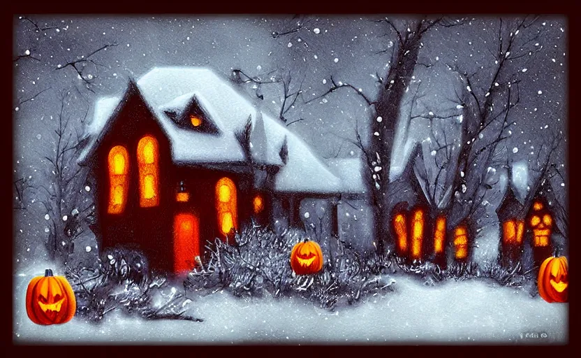Image similar to “snowy halloween, digital art, award winning”