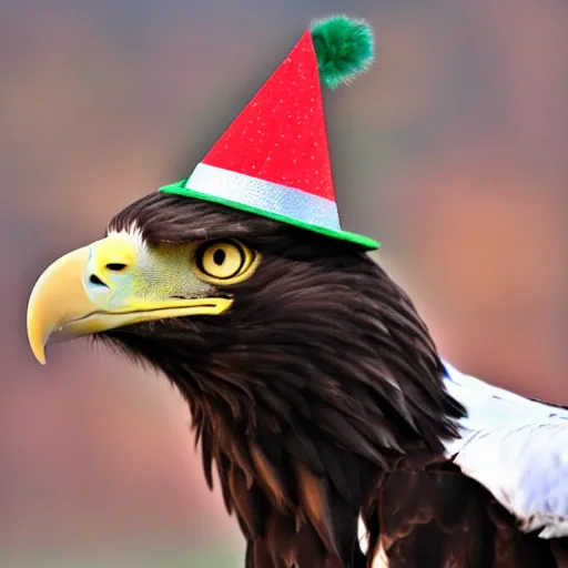 Prompt: an eagle with a party hat on and a philadelphia football jersey on,