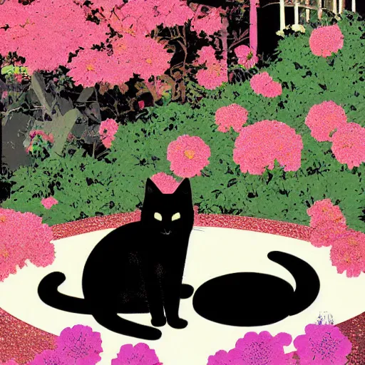 Prompt: black cat, moon, flowers, super detailed, tatsuro kiuchi, by ilya kuvshinov, by clyde caldwell