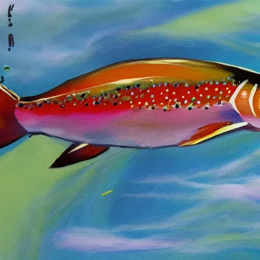 Image similar to a painting of a trout swimming in outer space, naushadarts