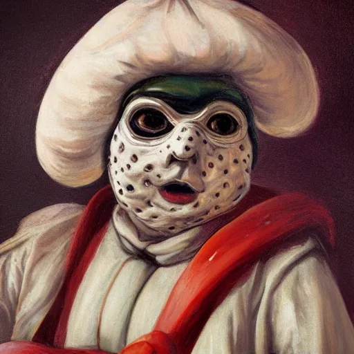 Image similar to a highly detailed pulcinella with a pizza margherita, black eye mask, full body, detailed painting by arturo faldi, volcano and lava, trending on deviantart, octane, masterpiece, masqua