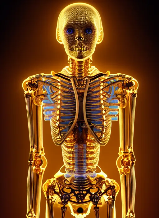 Prompt: full body illustration of a futuristic female golden mechanical skeleton with human face, wires, glowing internal light, hyperdetailed, by alex grey, intricate linework, faberge, intricate gold linework, dark atmosphere, unreal engine 5 highly rendered, global illumination, radiant light, detailed and intricate environment