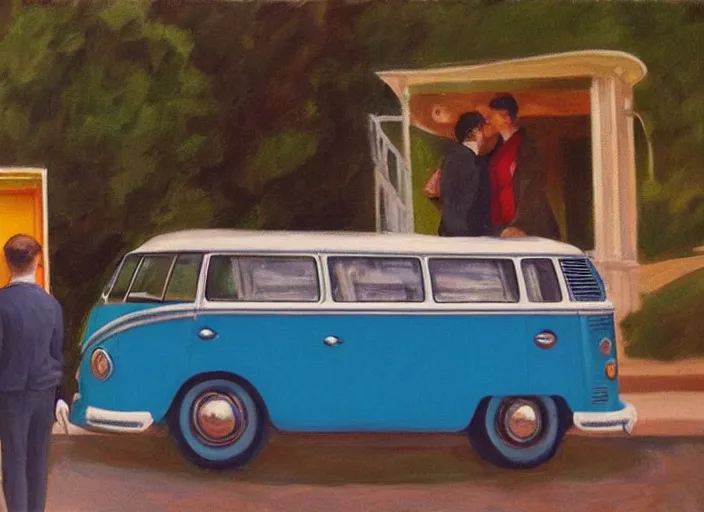 Image similar to detailed painting of two young men and women in front of blue colored vw bus by edward hopper, bernardo bertolucci dreamers movie scene