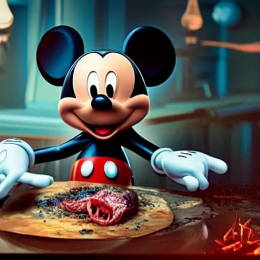 Image similar to mickey mouse being dissected by a group of network executives, on an operating table, octane render, cgstation, 3 d render, very detailed, mindblowing, blood and guts, gritty, cyberpunk