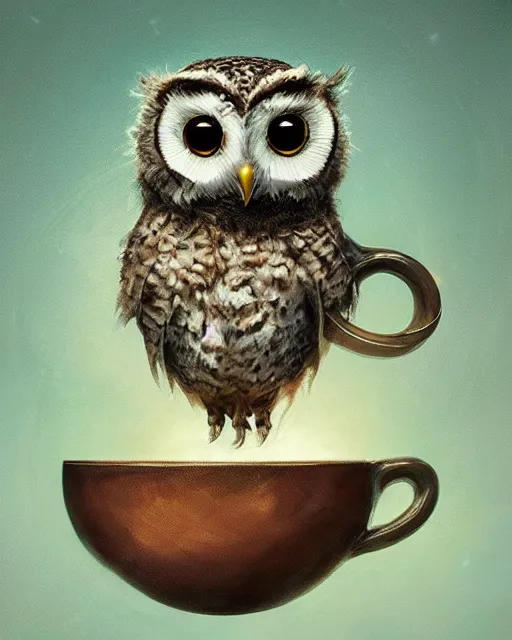 Image similar to long shot of a very cute owl chick nesting in a futuristic mug, esao andrews, humorous illustration, hyperrealistic, big depth of field, warm colors, night scenery, low light, 3 d octane render, 4 k, concept art, hyperdetailed, hyperrealistic, trending on artstation