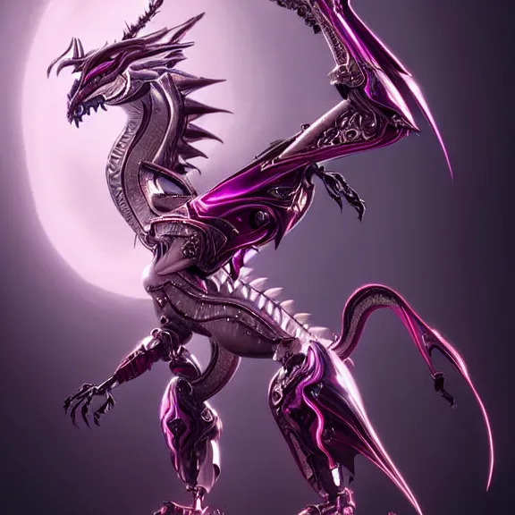 Image similar to highly detailed exquisite fanart, of a beautiful female warframe, but as an anthropomorphic elegant robot female dragon, shiny white smooth silver plated armor engraved, robot dragon head, Fuchsia skin beneath the armor, sharp claws, long sleek tail behind, robot dragon hands and feet, standing elegant pose, close-up shot, full body shot, epic cinematic shot, professional digital art, high end digital art, singular, realistic, DeviantArt, artstation, Furaffinity, 8k HD render, epic lighting, depth of field