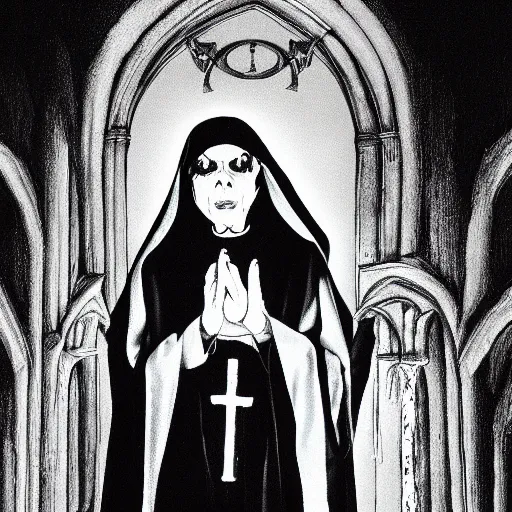 Prompt: photograph of a ghost of an evil catholic nun, gothic horror, hyper detailed,