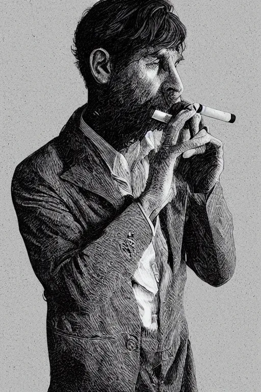 Prompt: hyperdetailed portrait of a man smoking a cigarette, by nicholas delort, artstation, smooth, graphic black and white. intricate, elegant, central composition, golden ratio,