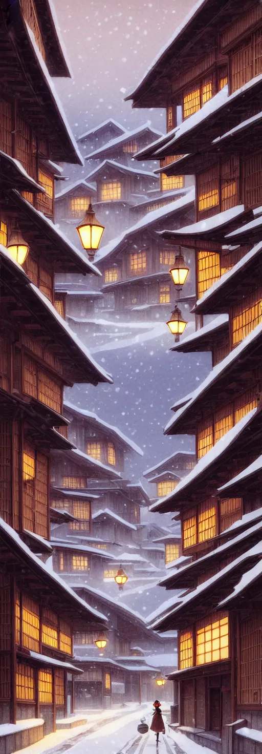 Image similar to empty rural japanese town at night, winter, in the style of studio ghibli, j. c. leyendecker, greg rutkowski, artem