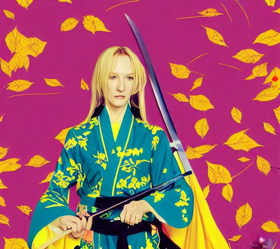 Image similar to breathtaking detailed pattern pastel colors, action scene from kill bill, with uma thurman ( kill bill ) in yellow kimono, with hatori hanzo katana sword and autumn leaves, by hsiao - ron cheng, bizarre compositions, exquisite detail, enhanced eye detail