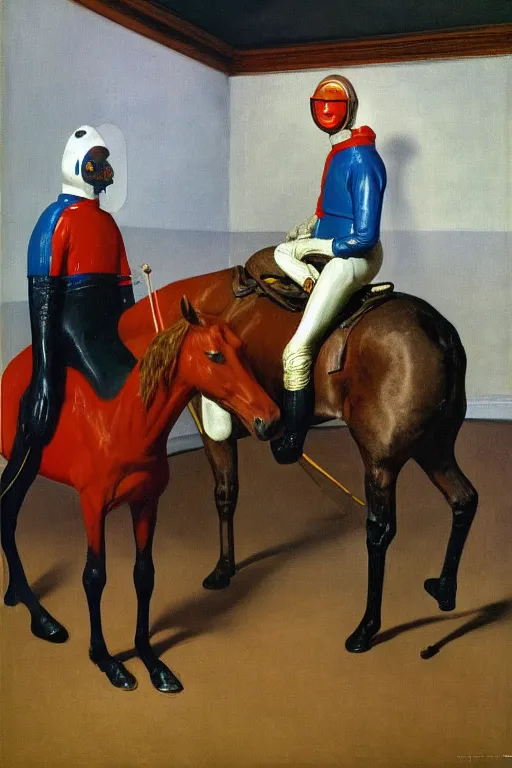Prompt: man in horse costume, horse in costume astronaut, horse racing, astronaut helmet on horseback, hauntingly surreal, highly detailed painting by francis bacon, edward hopper, adrian ghenie, gerhard richter, and james jean soft light 4 k,