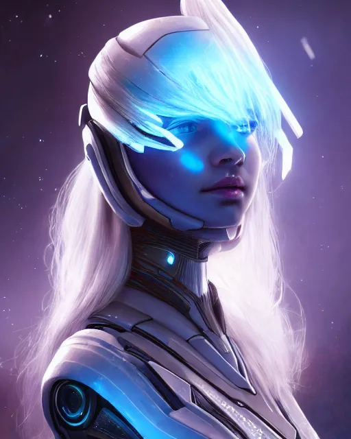 Image similar to perfect android girl on a mothership, warframe armor, beautiful face, scifi, futuristic, galaxy, nebula, bae suzy, dreamy, long white hair, blue cyborg eyes, sharp focus, cinematic lighting, highly detailed, artstation, divine, by gauthier leblanc, kazuya takahashi, huifeng huang